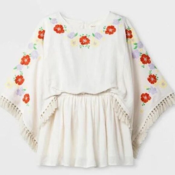Cat & Jack Girls Boho Floral Embroidered 100% Cotton Tunic in Cream with Fringe - Picture 1 of 10